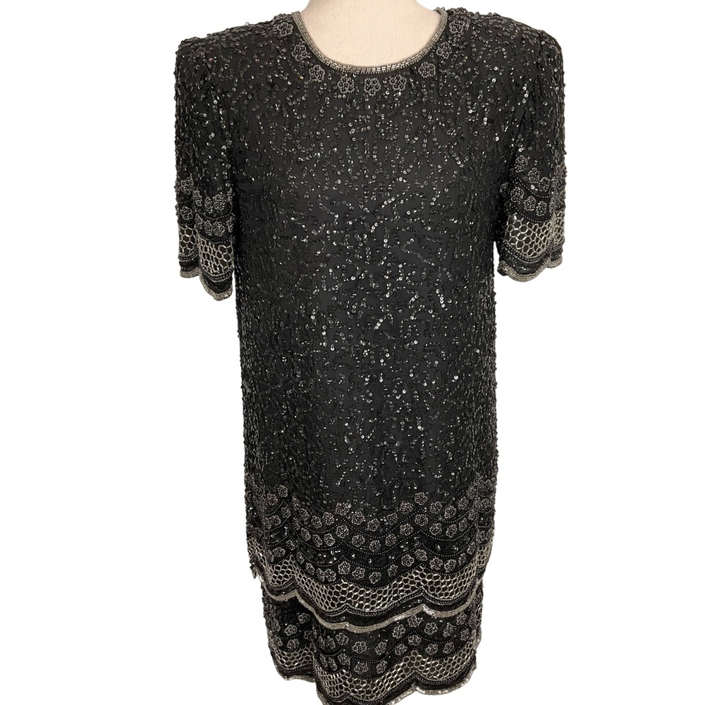 Lawrence Kazar Dress Women Medium Black Beaded Sequin Shift Cocktail Formal